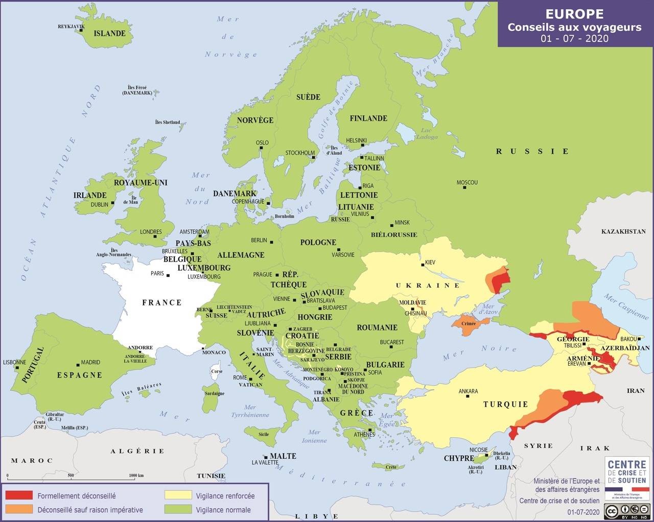 Carte d’Europe des zones de vigilance diplomatie readytogo